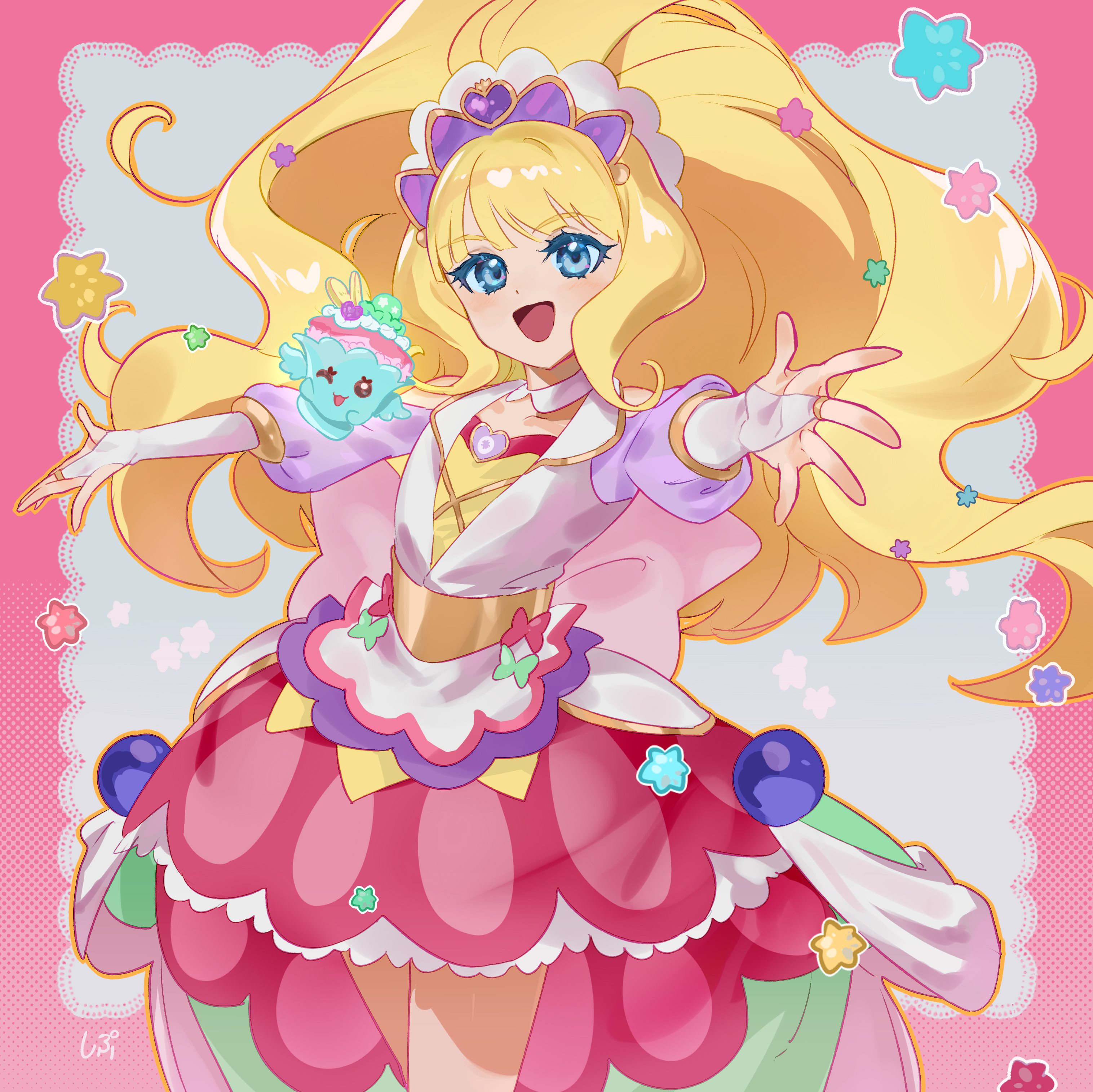 1girl absurdres apron back_bow blonde_hair blue_eyes blueberry border bow bow_apron bridal_gauntlets brooch collar collarbone collared_shirt corset cowboy_shot cross-laced_clothes cross-laced_top cure_finale delicious_party_precure detached_collar dot_nose eyelashes food food-themed_clothes food_print fruit fruit_print gold_corset gold_ring green_bow hairband hat_ornament heart heart_brooch heart_hat_ornament high_ponytail highres jewelry kasai_amane lace_background lapels large_bow layered_shirt light_blush long_hair long_sleeves magical_girl miniskirt open_mouth orange_outline outline outstretched_arms parfait_recipipi peaked_lapels petticoat pink_border pink_bow pink_skirt ponytail precure puffy_long_sleeves puffy_sleeves purple_brooch purple_sleeves purple_tiara recipipi shipu_(gassyumaron) shirt sidelocks signature skirt smile solo star_(symbol) strawberry_print thighs three-quarter_sleeves tiara train_(clothing) very_long_hair waist_apron wavy_hair white_apron white_background white_bridal_gauntlets white_collar white_hairband white_shirt wide_hips yellow_shirt