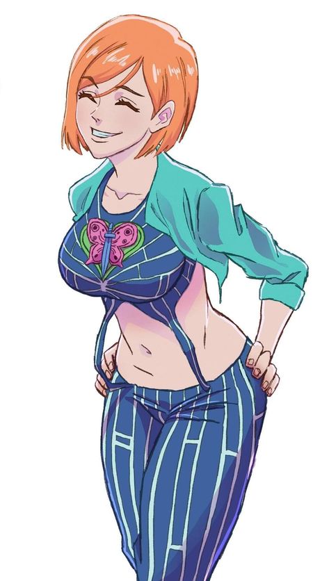1girl closed_eyes cosplay crossover eyelashes female_focus happy jojo_no_kimyou_na_bouken jujutsu_kaisen kiecaburn kugisaki_nobara kujo_jolyne_(cosplay) kuujou_jolyne looking_at_viewer midriff navel orange_hair pants short_hair simple_background smile solo standing stone_ocean white_background