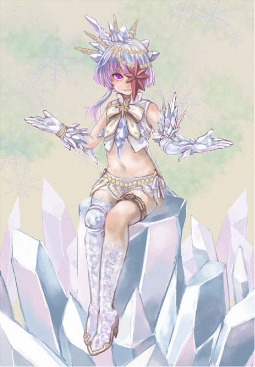 1girl alfa_system bad_id bad_pixiv_id boots bow crystal female_focus frilled_thigh_strap full_body gloves hair_ornament hairpin midriff multicolored_hair navel pink_eyes pink_hair razalis razalis_(tales) ribbon short_hair shorts sidelocks sitting smile snowflakes solo tales_of_(series) tales_of_the_world tales_of_the_world_radiant_mythology_3 thigh_strap thighhighs two-tone_hair white_gloves white_hair white_thighhighs yamadaz