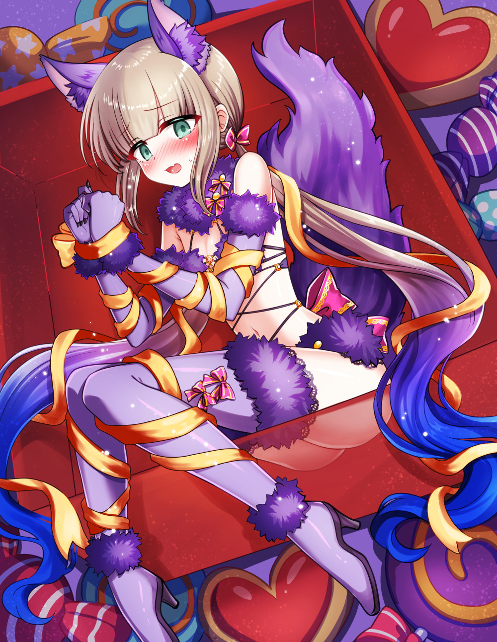 1boy animal_ears blue_hair captain_nemo_(fate) cosplay crossdressing elbow_gloves fate/grand_order fate_(series) fur-trimmed_gloves fur-trimmed_legwear fur_bikini fur_collar fur_trim gloves gradient_hair green_eyes halloween_costume high_heels highres light_brown_hair long_hair male_focus mash_kyrielight mash_kyrielight_(dangerous_beast) mash_kyrielight_(dangerous_beast)_(cosplay) multicolored_hair nemo_(fate) o-ring o-ring_top purple_gloves purple_tail purple_thighhighs revealing_clothes shell_ocean tail thighhighs trap twintails very_long_hair wolf_ears wolf_tail