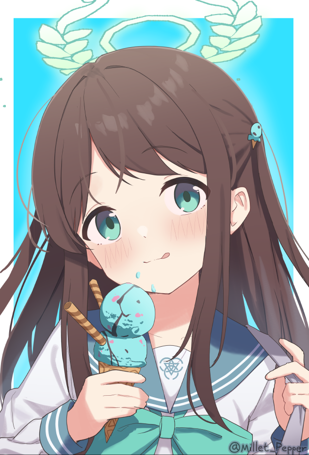 1girl :q airi_(blue_archive) blue_archive brown_hair multiple_scoops food food-themed_hair_ornament food_on_face green_eyes green_halo hair_ornament halo holding holding_food holding_ice_cream holding_ice_cream_cone ice_cream ice_cream_cone ice_cream_hair_ornament millet_pepper mint_chocolate school_uniform serafuku solo tongue tongue_out wafer_stick white_serafuku