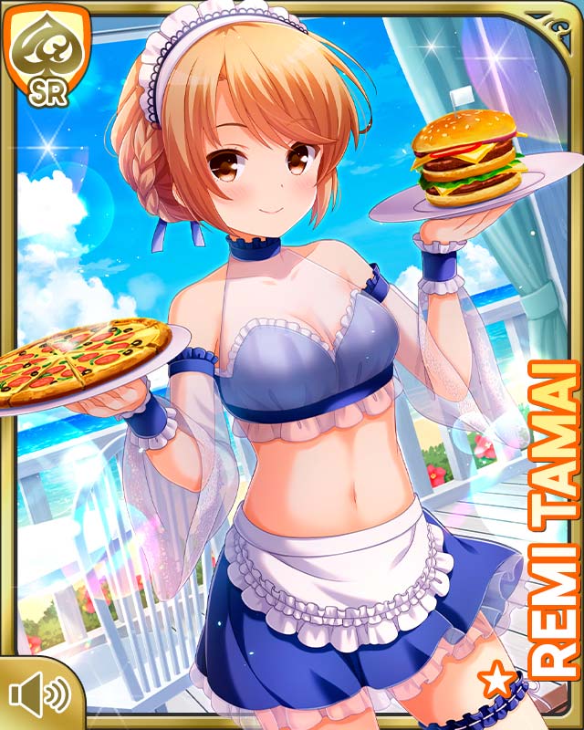 1girl apron beach bikini blue_bikini blue_skirt brown_eyes brown_hair burger card_(medium) closed_mouth day food girlfriend_(kari) looking_at_viewer low_twintails maid_apron maid_headdress ocean official_art outdoors pizza qp:flapper skirt smile solo standing swimsuit tagme tamai_remi thighhighs tropical twintails white_thighhighs