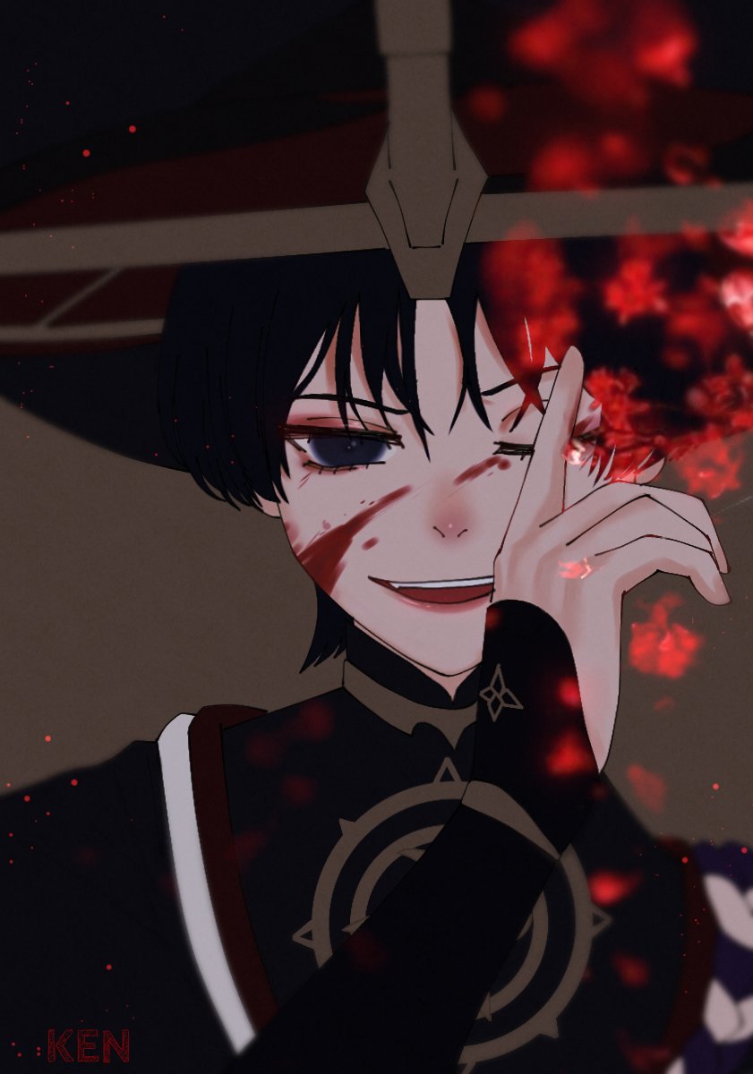 1boy armor artist_name black_bodysuit black_hair black_kimono blood blood_on_face blood_splatter blunt_ends blurry bodysuit brown_background depth_of_field empty_eyes eyelashes eyeliner eyeshadow genshin_impact gold han&#039;eri hat highres index_finger_raised japanese_armor japanese_clothes jewelry jingasa kimono kote kurokote layered_kimono lipgloss looking_at_viewer makeup male_focus mandarin_collar moriko_ken11 neck_ring one_eye_closed open_clothes open_kimono open_mouth portrait purple_eyes purple_rope red_eyeliner red_eyeshadow red_hat red_kimono red_lips rope scaramouche_(genshin_impact) shimenawa smile solo straight-on teeth upper_teeth_only white_kimono white_rope