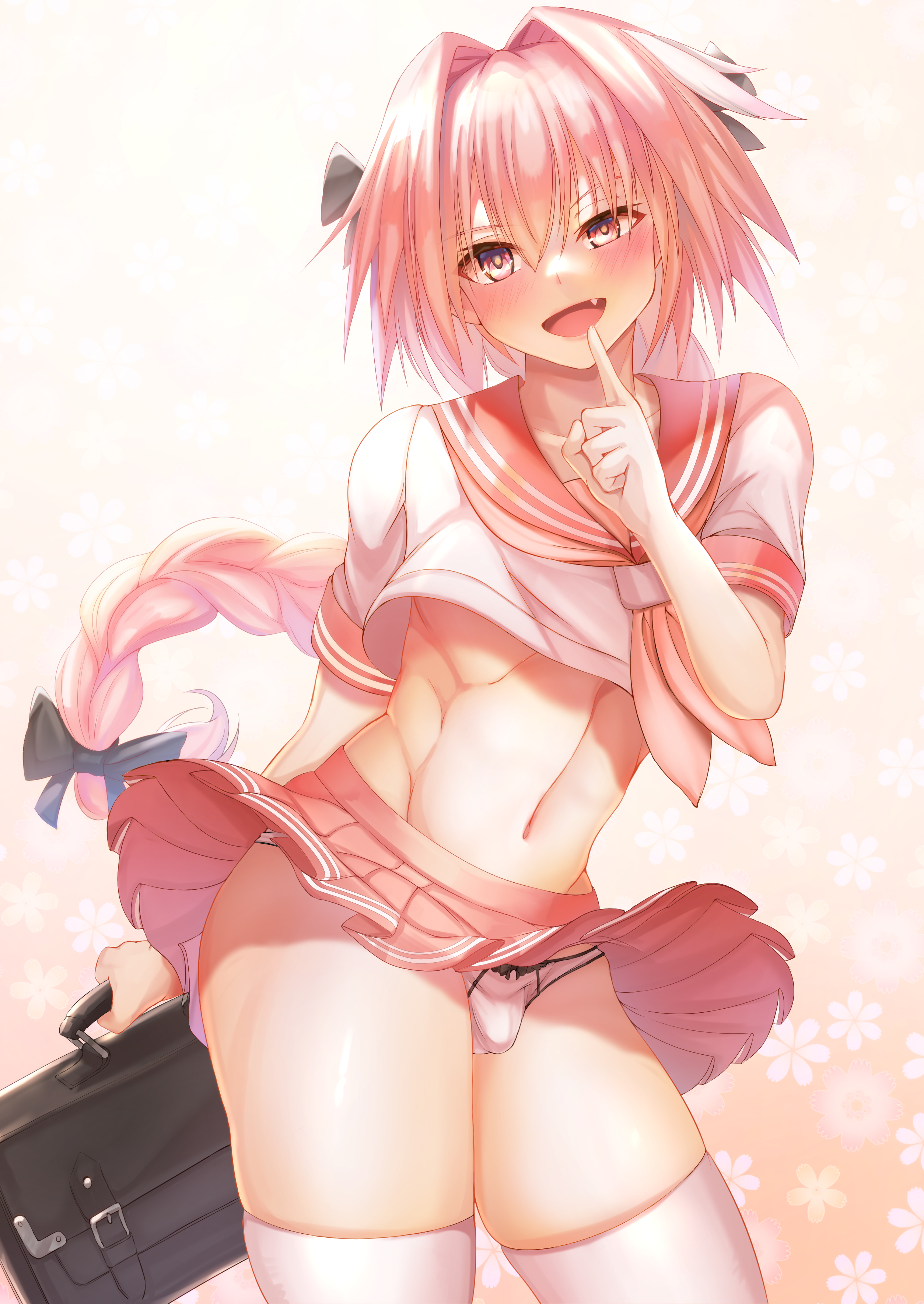 1boy absurdres astolfo_(fate) astolfo_(sailor_paladin)_(fate) bow bulge crop_top cropped_shirt dai_toro fang fate/grand_order fate_(series) hair_bow hair_intakes highres male_focus neckerchief official_alternate_costume open_mouth panties pink_hair pink_neckerchief pink_sailor_collar pink_serafuku pink_skirt purple_eyes sailor_collar school_uniform serafuku short_sleeves signature skin_fang skindentation skirt solo thighhighs trap underwear