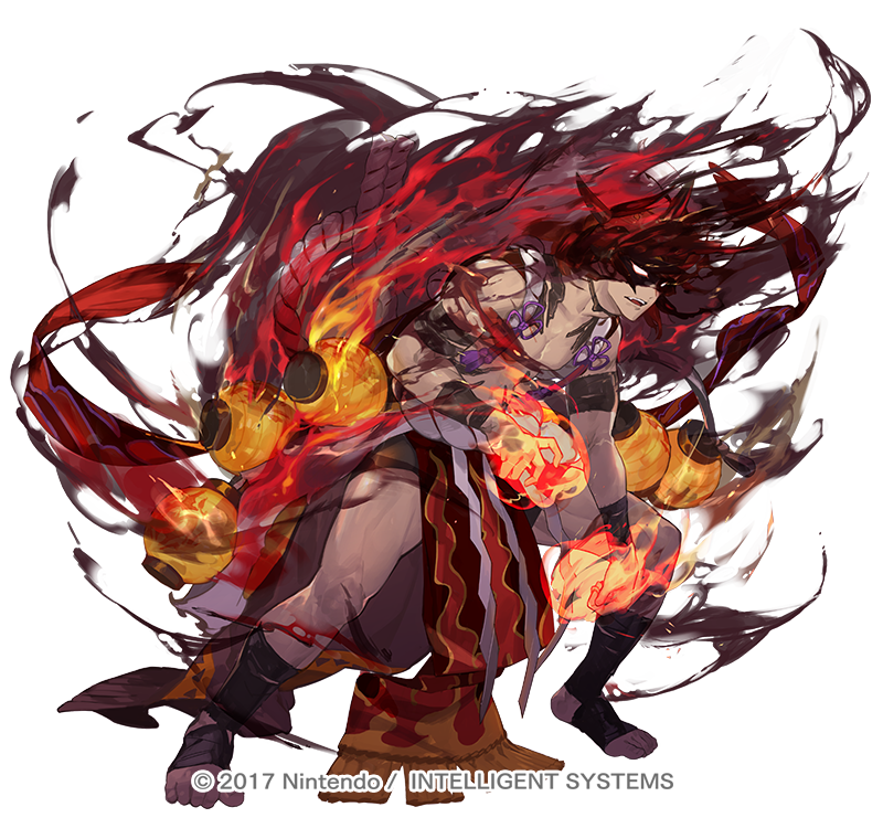 1boy abs attack black_fire body_markings copyright_notice dark-skinned_male dark_skin dragon_mask fake_hair fire fire_emblem fire_emblem_heroes flaming_hand glowing glowing_eyes male_focus muscular muscular_male muspell_(fire_emblem) muspell_(flame)_(fire_emblem) nintendo official_alternate_costume official_art orange_hair pelvic_curtain shawl smile so-taro solo sumo toned toned_male white_background