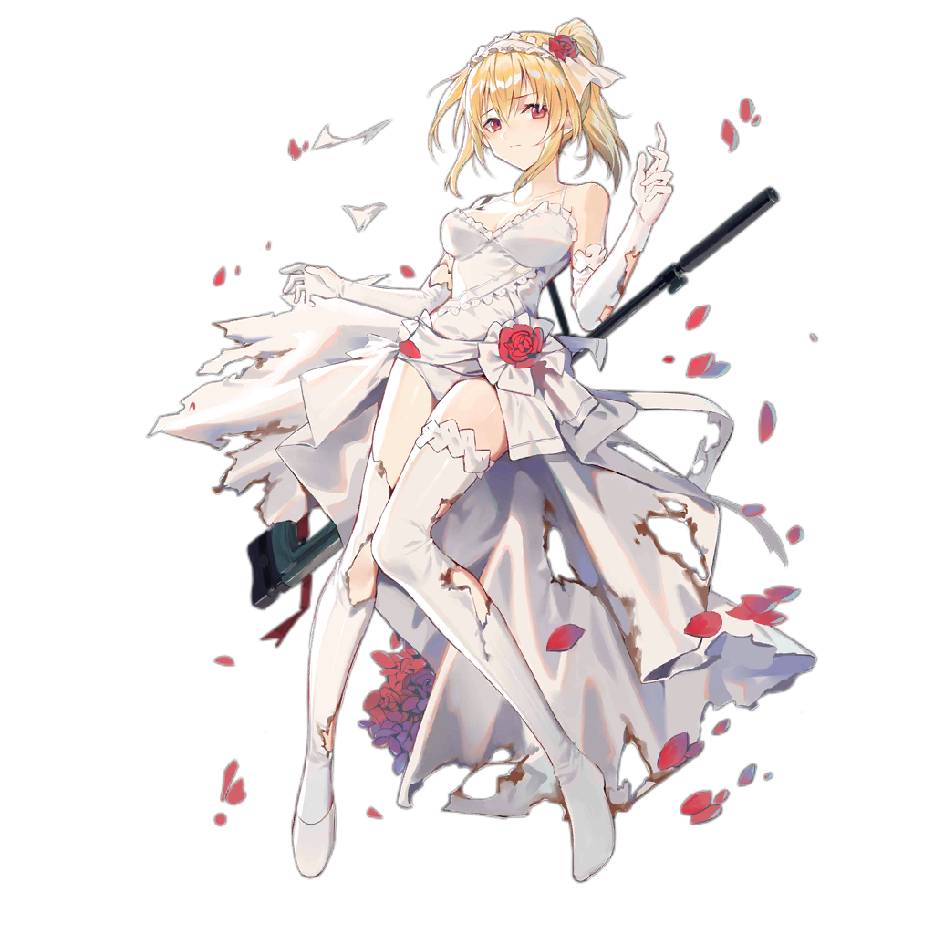 1girl bare_shoulders blonde_hair bolt_action bouquet breasts choker cleavage closed_mouth collarbone dress elbow_gloves flower full_body girls&#039;_frontline gloves gun hair_flower hair_ornament hairband huanxiang_heitu light_frown long_hair looking_at_viewer medium_breasts official_alternate_costume official_art panties petals ponytail red_eyes red_flower red_rose rifle rose shoes single_shoe sniper_rifle solo suppressor sv-98 sv-98_(girls&#039;_frontline) sv-98_(pierce_your_heart!)_(girls&#039;_frontline) thighhighs torn_clothes torn_dress torn_gloves torn_thighhighs transparent_background underwear weapon weapon_on_back wedding_dress white_choker white_gloves white_panties white_shoes white_thighhighs
