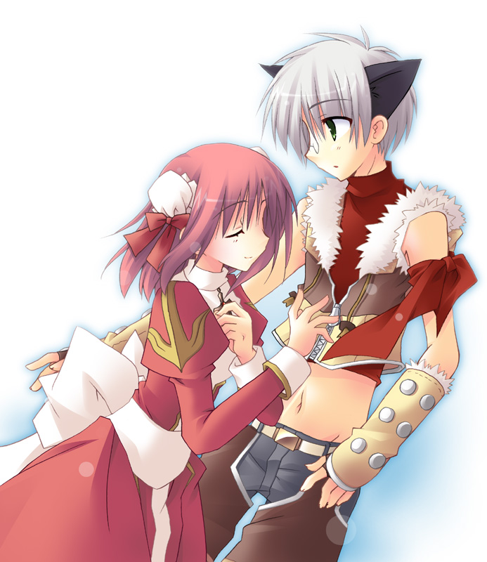 1boy 1girl 2000s_(style) animal_ears armband back_bow bow brown_shirt brown_shorts bun_cover cat_boy cat_ears closed_eyes commentary_request cowboy_shot crop_top double_bun dress fingerless_gloves fur-trimmed_gloves fur-trimmed_shirt fur_trim glasses gloves green_eyes grey_pants hair_bun high_priest_(ragnarok_online) juliet_sleeves long_sleeves looking_at_another medium_hair midriff navel open_mouth pants pants_under_shorts pince-nez puffy_sleeves ragnarok_online red_dress sash shirt short_hair shorts sleeveless sleeveless_shirt sniper_(ragnarok_online) two-tone_dress two-tone_shirt white_bow white_dress white_sash yellow_gloves yellow_shirt yuzuki_kotona