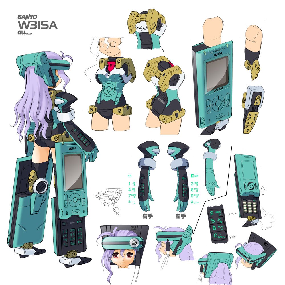 1girl 2005 cellphone reference_sheet katahira_masashi long_hair mecha_musume multiple_girls multiple_views original personification phone product_placement purple_hair robot_girl standing thighhighs zettai_ryouiki