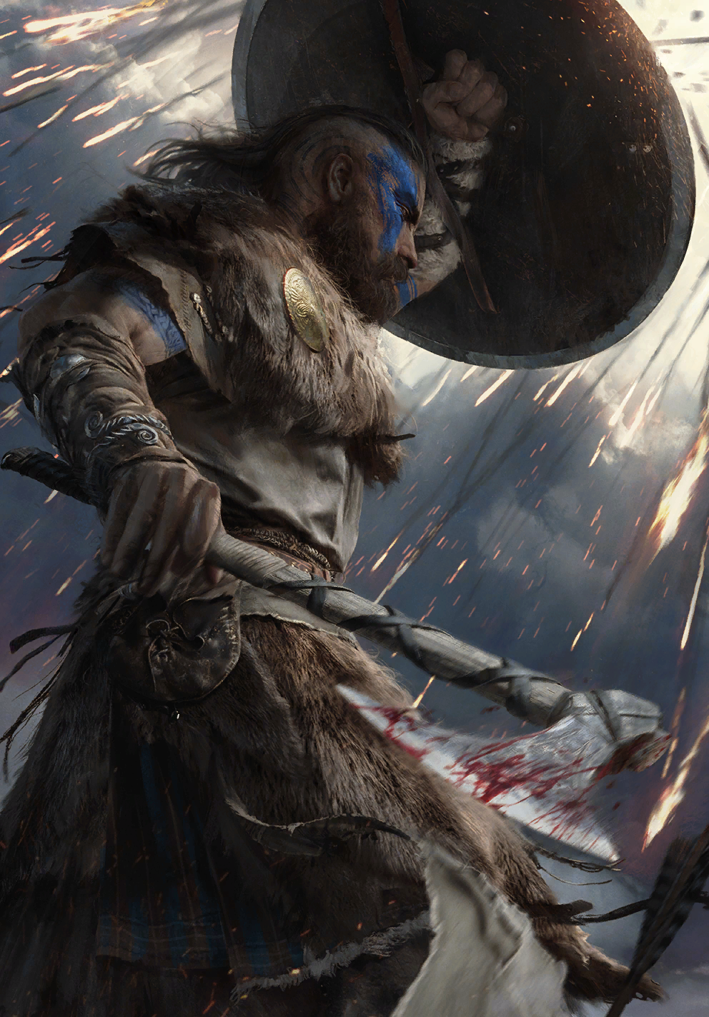 1boy arrow_(projectile) axe beard blood bloody_weapon brown_hair facepaint facial_hair flaming_arrow gwent_(game) highres holding holding_axe holding_weapon medium_hair non-web_source shield the_witcher_(series) weapon