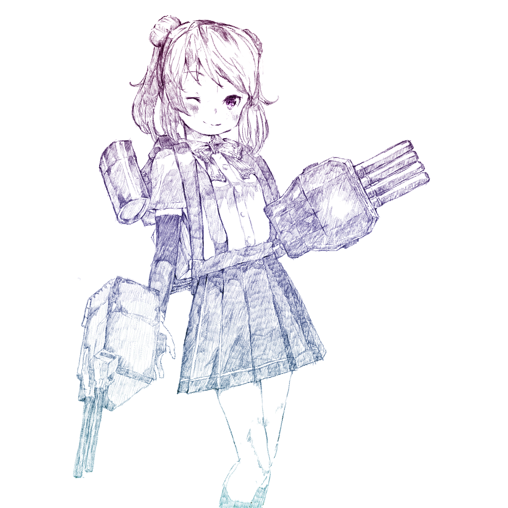 10s 1girl arm_warmers double_bun eyelashes female_focus gradient_filter gurin33 hair_bun kantai_collection long_hair looking_at_viewer michishio_(kancolle) monochrome one_eye_closed ship_turret simple_background sketch skirt smile solo suspenders torpedo_tubes white_background
