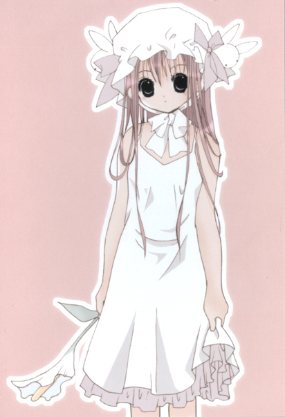 1girl bare_arms chin_strap female_focus flower hair_ornament hat holding holding_flower koge_donbo long_hair looking_at_viewer misha misha_(pita_ten) mob_cap official_art outline pink_background pink_hair pita_ten rabbit_hair_ornament simple_background solo