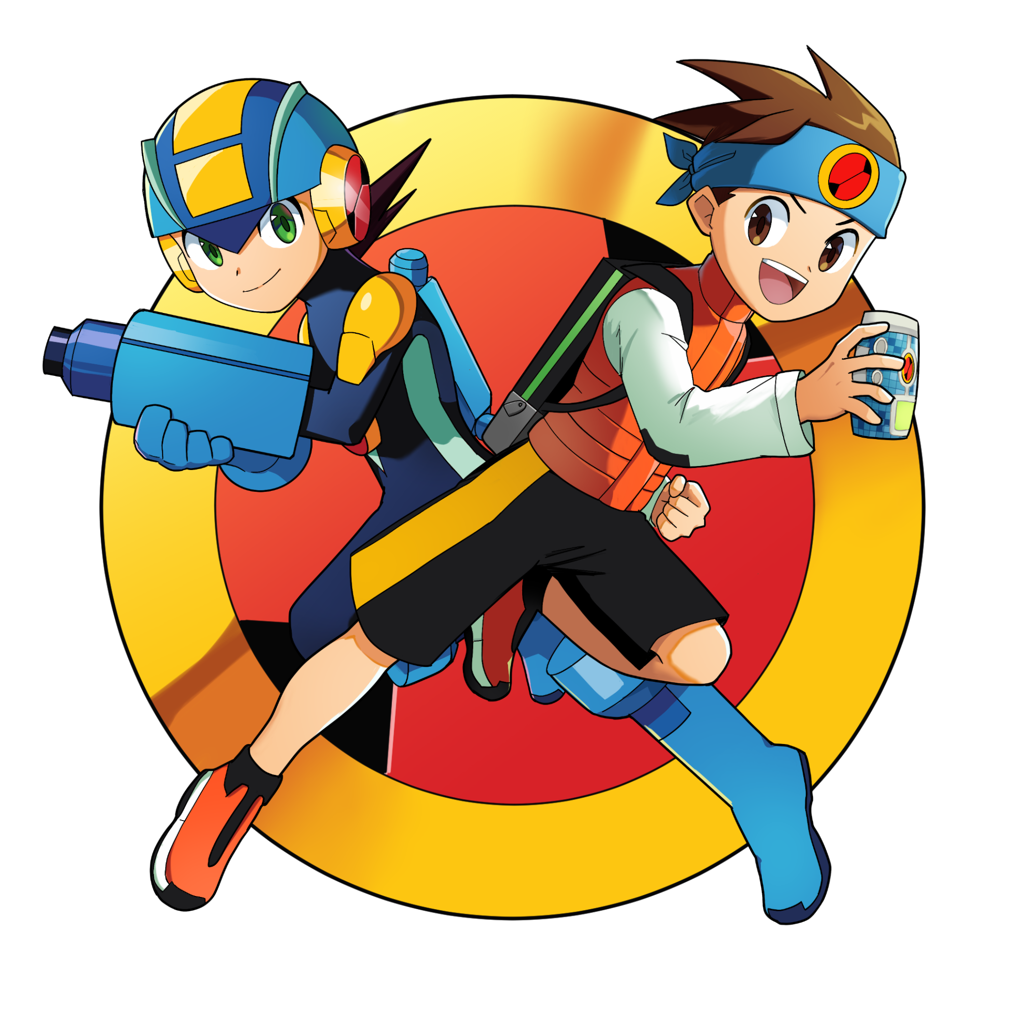2boys :d android arm_cannon backpack bag blue_gloves blue_headband blue_headwear brown_eyes brown_hair can clenched_hand closed_mouth commentary_request full_body gloves green_eyes happy headband helmet highres holding holding_can lan_hikari_(mega_man) long_sleeves looking_at_viewer male_focus mega_man_(series) mega_man_battle_network_(series) megaman.exe multiple_boys open_mouth orange_shoes orange_vest poshino_pikari shirt shoes short_hair shorts smile spiked_hair teeth transparent_background upper_teeth_only vest weapon white_shirt