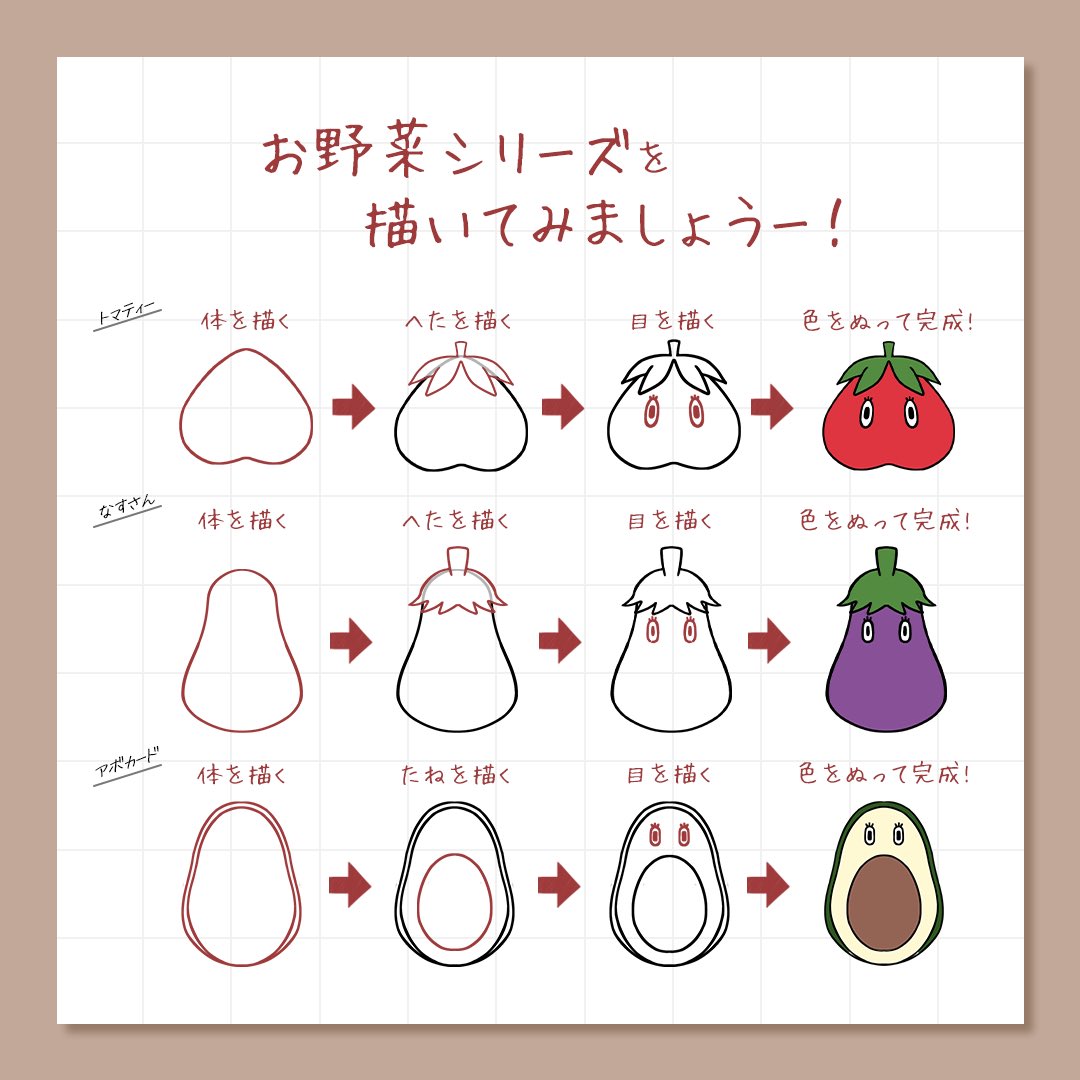 arrow_(symbol) avocado avocado_(love_live!) avocado_slice border brown_border character_name eggplant food grid_background link!_like!_love_live! love_live! matsurugi_tsukasa nasu-san_(love_live!) no_humans tomati_(love_live!) tomato vegetable white_background