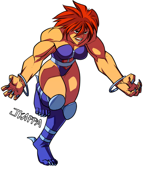 1girl amazon artist_name belt bracelet breakers breasts claws cleavage jewelry large_breasts leotard muscular muscular_arms muscular_female red_hair rila_estancia running signature thick_thighs thighs wild_hair
