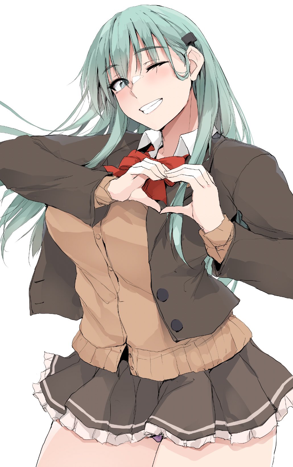 1girl blush breasts brown_cardigan brown_jacket brown_skirt cardigan green_eyes green_hair grin hair_ornament hairclip heart heart_hands highres jacket kantai_collection large_breasts long_hair long_sleeves looking_at_viewer one_eye_closed skirt smile solo suzuya_(kancolle) zekkyon