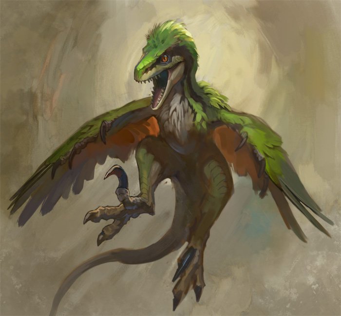 animal_focus claws dinosaur feathered_wings full_body looking_at_viewer nablange no_humans orange_eyes original raptor scales slit_pupils solo tail wings yellow_background