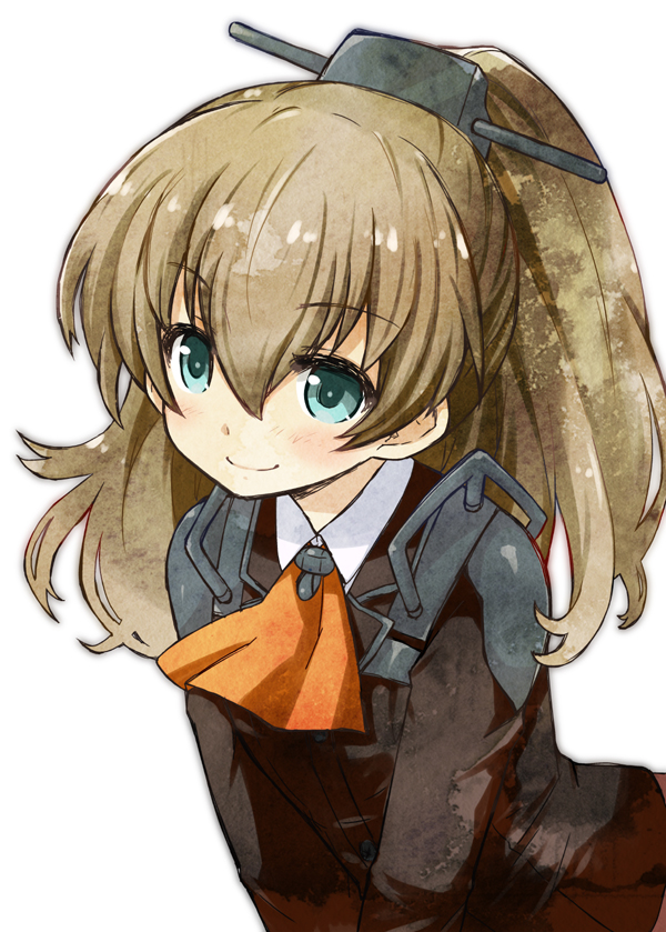 1girl ascot blue_eyes blush brown_hair brown_jacket hair_between_eyes headgear jacket kantai_collection kumano_(kancolle) long_hair long_sleeves looking_at_viewer orange_ascot ponytail rikaon simple_background smile solo upper_body white_background