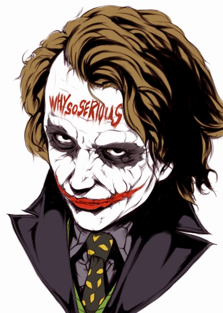 1boy batman_(series) body_writing dc_comics formal_clothes glasgow_smile heath_ledger ina_(gokihoihoi) makeup male_focus necktie solo suit the_dark_knight the_joker why_so_serious