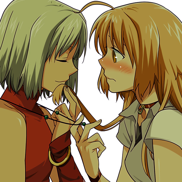 2girls 428 428:_fuusa_sareta_shibuya_de androgynous blonde_hair blush brown_eyes canaan_(character) canaan_(series) choker chunsoft closed_eyes holding holding_own_hair jewelry long_hair mori_(unknown.) multiple_girls necklace oosawa_maria short_hair silver_hair sleeveless smile yuri