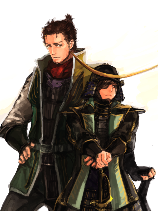 armor ascot brown_hair coat date_masamune eyepatch helmet male_focus saika_magoichi sengoku_musou swept_bangs sword weapon