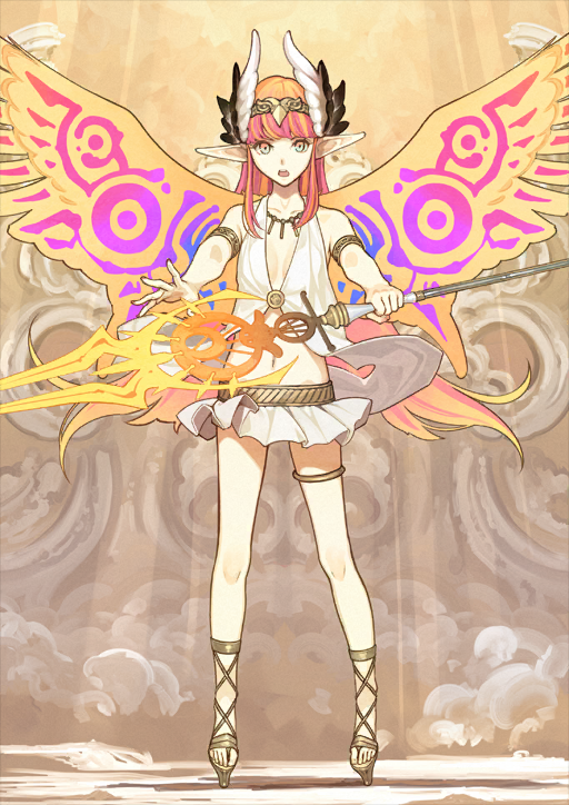 1girl aqua_eyes bare_legs bare_shoulders bird_wings blunt_bangs breasts breasts_apart circe_(fate) collarbone fate/grand_order fate_(series) feather_hair_ornament feathers floating_clothes floating_hair full_body gold_armlet gold_belt gold_hairband gold_necklace gold_sandals gold_thighlet hair_ornament hairband hand_up hidari_(left_side) holding holding_staff jewelry light_rays long_hair long_pointy_ears long_sidelocks looking_at_viewer magic miniskirt multicolored_eyes multicolored_hair navel necklace no_shirt no_socks official_art open_mouth orange_hair orange_wings pink_eyes pink_hair platform_sandals pointy_ears sandals sidelocks skirt sleeveless small_breasts solo staff standing straight-on teeth thighlet third-party_source toenails toes two-tone_eyes two-tone_hair upper_teeth_only very_long_hair vest white_skirt white_vest wings yellow_background