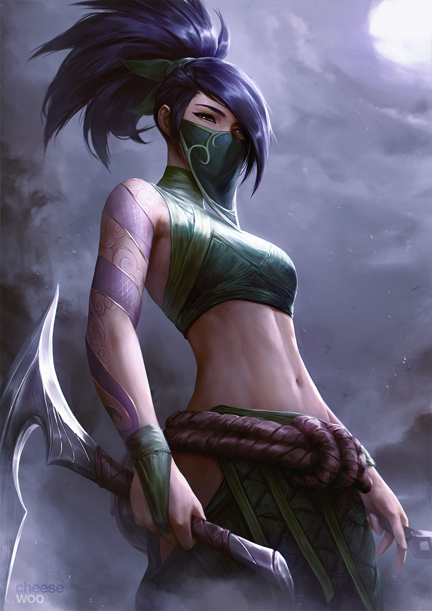 1girl akali black_hair breasts cheesewoo cloud green_eyes green_mask green_ribbon hair_ribbon highres holding holding_weapon league_of_legends long_hair mask medium_breasts mouth_mask navel night outdoors ribbon rope_belt solo stomach weapon