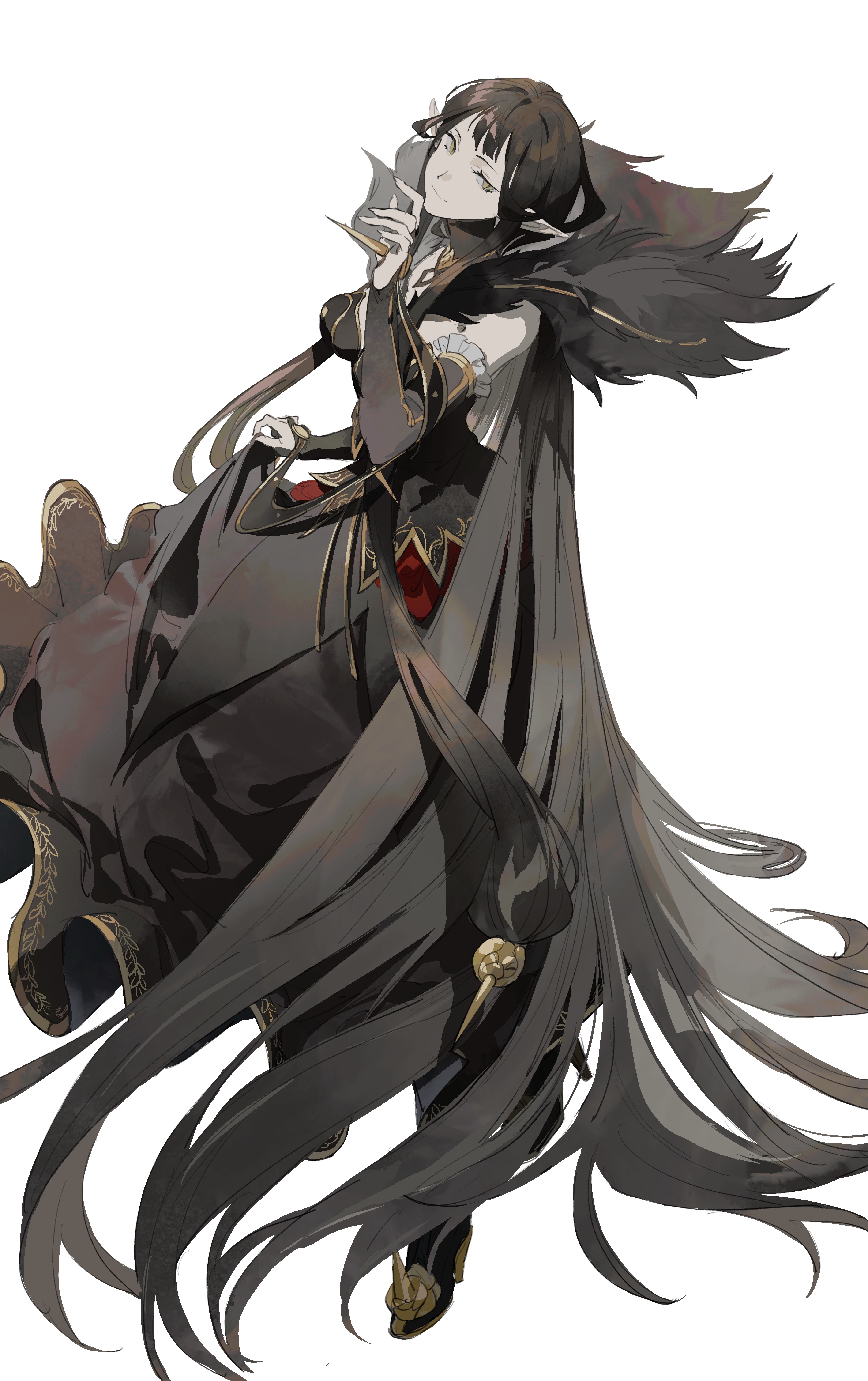 1girl absurdres bare_shoulders black_dress black_hair black_sleeves breasts bridal_gauntlets closed_mouth detached_sleeves dress fate/apocrypha fate_(series) full_body fur_trim gold_trim hair_spread_out high_heels highres large_breasts long_hair looking_at_viewer mimulishizi pointy_ears semiramis_(fate) simple_background slit_pupils smile solo spikes strapless strapless_dress very_long_hair white_background yellow_eyes
