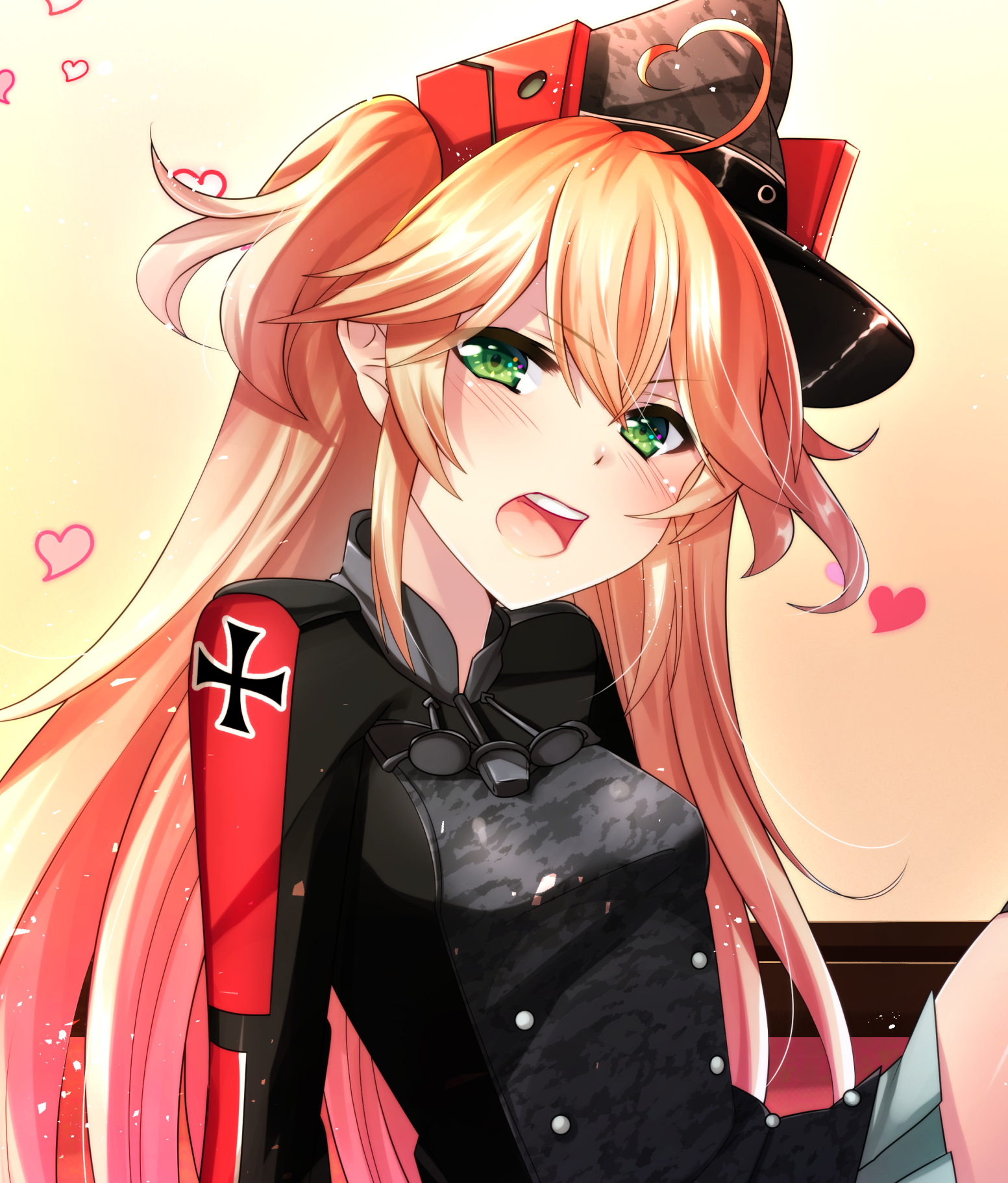 1girl admiral_hipper_(azur_lane) azur_lane bad_id bad_pixiv_id blonde_hair blush breasts cosplay cross female_focus green_eyes hair_between_eyes hat highres iron_cross jacket kantai_collection long_hair long_sleeves looking_at_viewer military military_uniform open_mouth peaked_cap prinz_eugen_(kancolle) prinz_eugen_(kancolle)_(cosplay) small_breasts smile solo tsukumo_matoro two_side_up