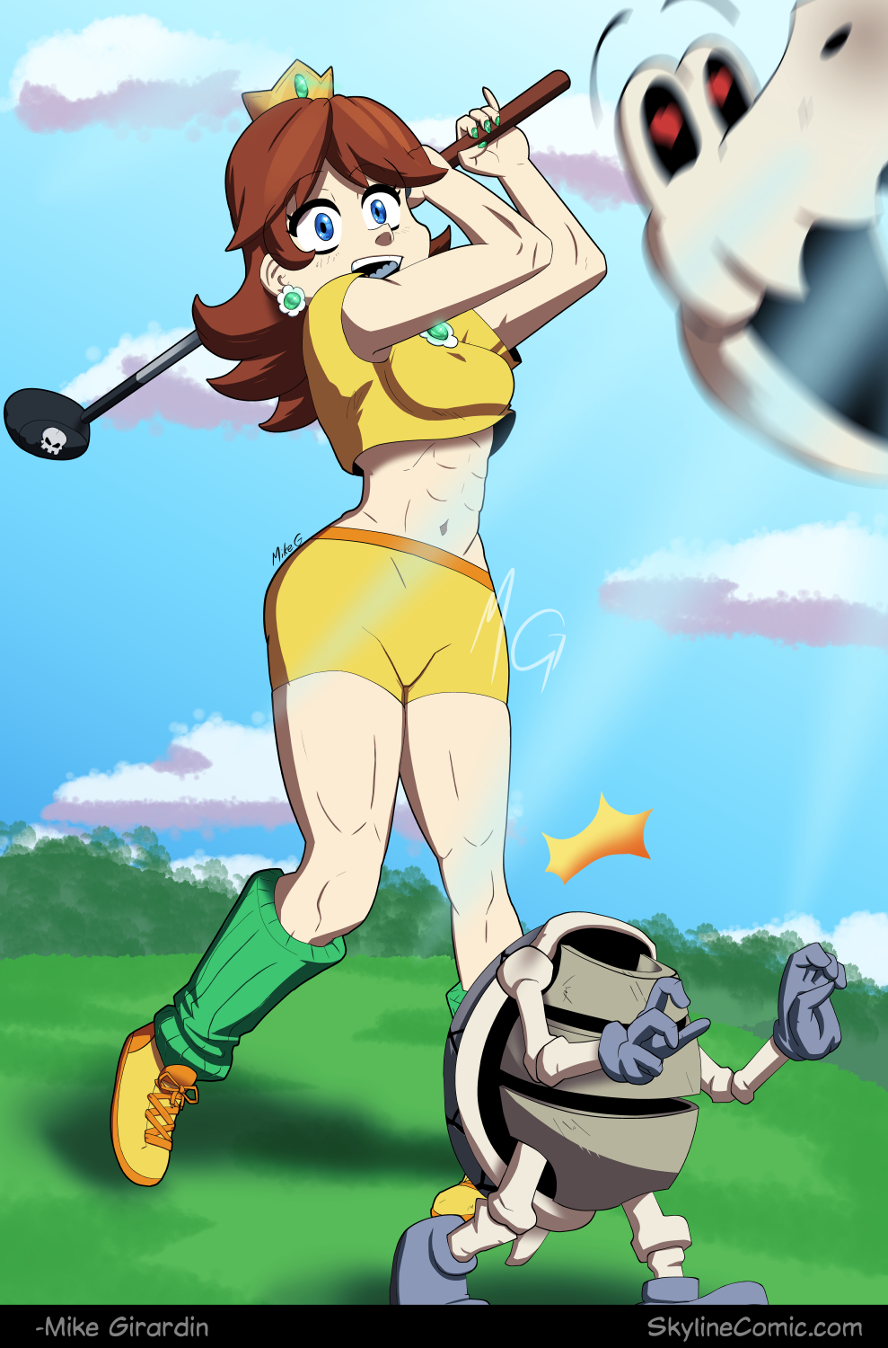 1girl blue_eyes blue_sky breasts brown_hair crown day dry_bones earrings flower_earrings golf_club grass grin headless highres jewelry mario_(series) mario_golf midriff navel nintendo open_mouth princess_daisy red_eyes shorts skull sky smile super_mario_bros._1 super_mario_land swing tomboy