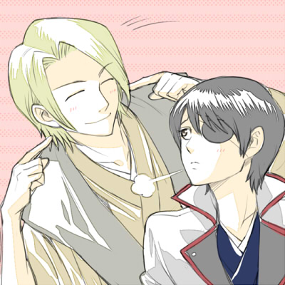 1boy 1girl 3mm black_hair blonde_hair blush eyepatch closed_eyes gintama lowres short_hair smile toujou_ayumu yagyuu_kyuubei