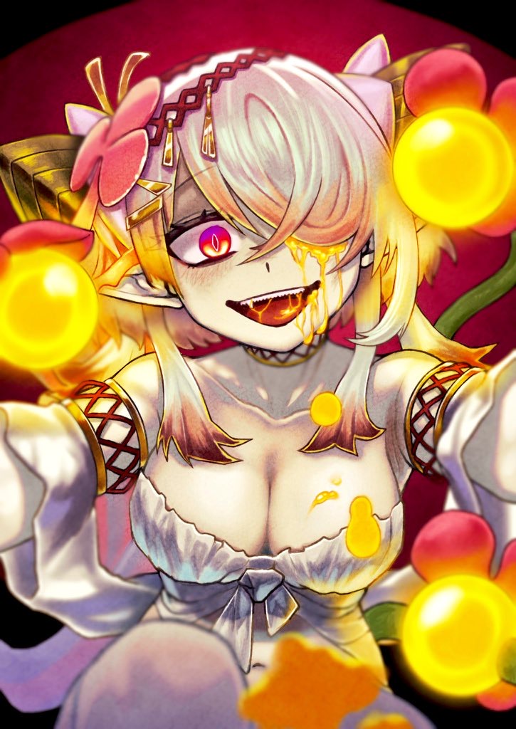1girl armlet breasts cleavage collarbone duel_monster evil_smile front-tie_top hair_over_one_eye jewelry large_breasts long_bangs looking_at_viewer monster_girl multicolored_hair nectar open_mouth plant plant_girl pointy_ears reaching reaching_towards_viewer red_background simple_background smile solo traptrix_pinguicula two-tone_hair yu-gi-oh! zidai_okuraven