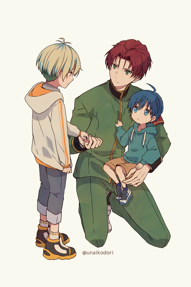 3boys aged_down ahoge amamine_shu blue_eyes blue_hair c.first_(idolmaster) child green_eyes hanazono_momohito highres holding_hands idolmaster idolmaster_side-m idolmaster_side-m_growing_stars kame_(unaikodori) light_green_hair looking_at_another male_focus mayumi_eishin multiple_boys pink_eyes red_hair shoes short_hair sitting sitting_on_lap sitting_on_person socks white_background