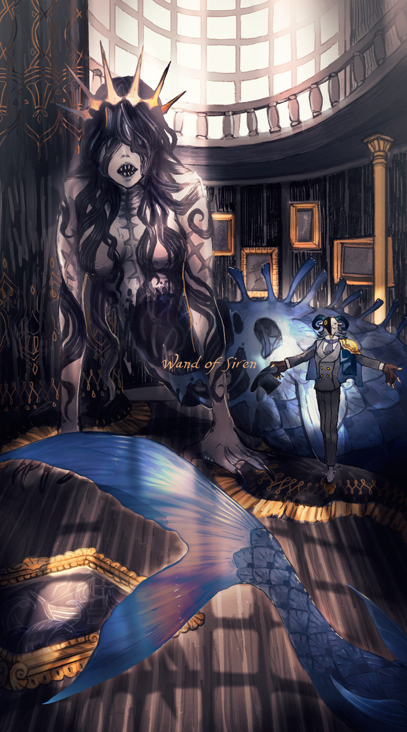 1boy 1girl bare_shoulders black_gloves black_hair black_suit breasts commentary_request crown day fingerless_gloves fingernails fish_girl formal_clothes gloves goat goat_horns hat highres horns horocca long_hair long_sleeves overlord_(maruyama) sharp_fingernails shoes siren_(series) suit top_hat ulbert_alain_odle window