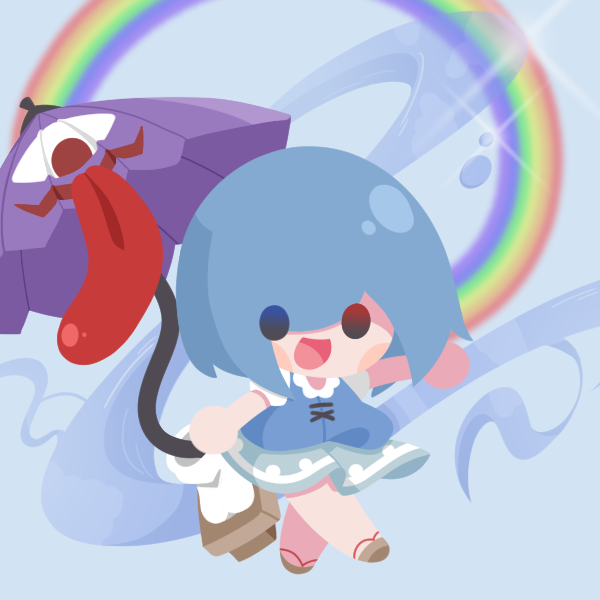 1girl :d baek_ban blue_background blue_eyes blue_hair blue_skirt brown_footwear chibi commentary full_body heterochromia karakasa_obake open_mouth purple_umbrella rainbow red_eyes short_hair skirt smile solid_oval_eyes solo symbol-only_commentary tatara_kogasa tongue touhou umbrella variant_set