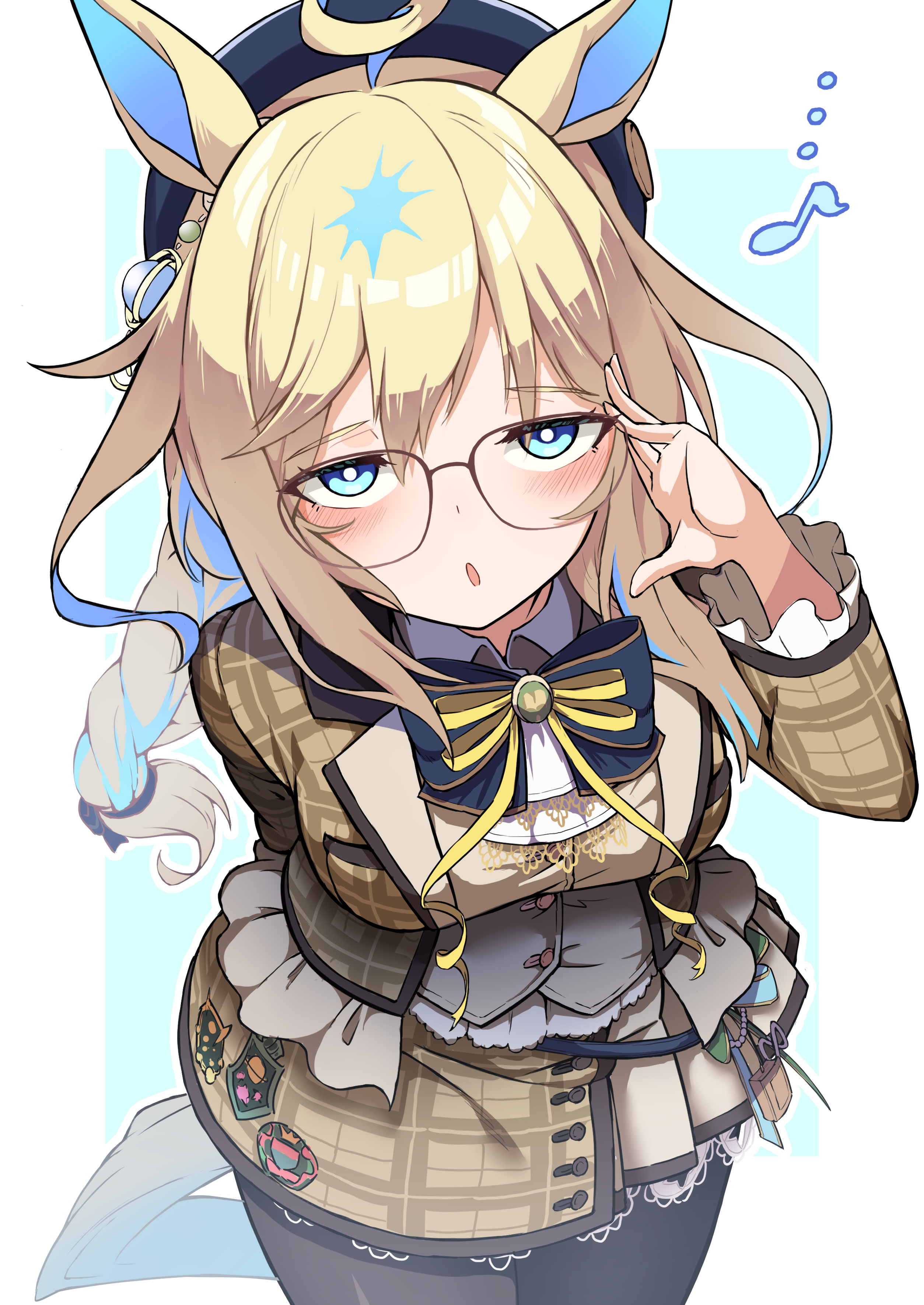 1girl absurdres adjusting_eyewear ahoge animal_ears beret blue_eyes blush breasts glasses hair_between_eyes hair_ornament hat hekahire_isurus highres horse_girl long_braid long_hair looking_at_viewer multicolored_hair neo_universe_(like_"zeer")_(umamusume) neo_universe_(umamusume) open_mouth ribbon small_breasts solo two-tone_hair umamusume