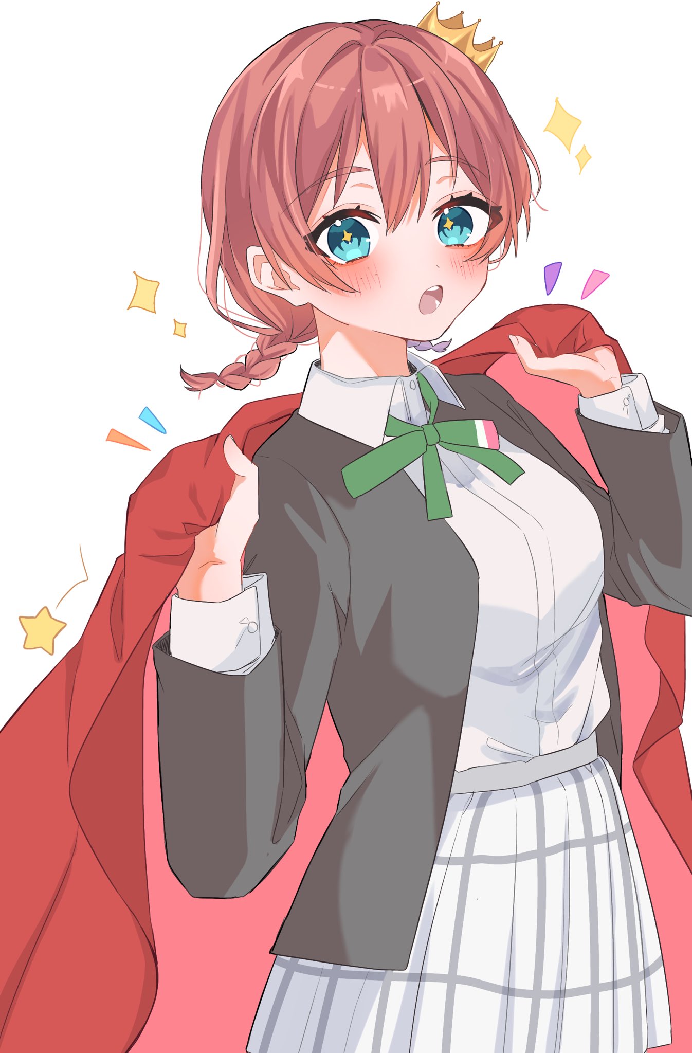 1girl aqua_eyes black_jacket braid breasts brown_hair collared_shirt commentary_request crown emma_verde green_ribbon hair_between_eyes highres holding jacket large_breasts looking_at_viewer love_live! love_live!_nijigasaki_high_school_idol_club low_twintails medium_hair mini_crown neck_ribbon nijigasaki_school_uniform open_mouth osora_dao plaid_clothes plaid_skirt ribbon school_uniform shirt sidelocks skirt solo standing tilted_headwear twin_braids twintails upper_body white_background white_shirt white_skirt winter_uniform