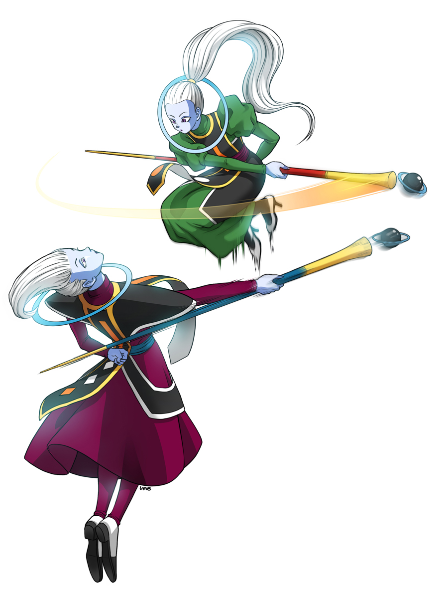10s 1boy 1girl arm_behind_back artist_name blue_skin brother_and_sister colored_skin dragon_ball dragon_ball_super hair_slicked_back highres jumping lipstick long_hair makeup motion_blur pantyhose ponytail purple_eyes robe siblings signature staff swinging umelim vados_(dragon_ball) whis white_hair