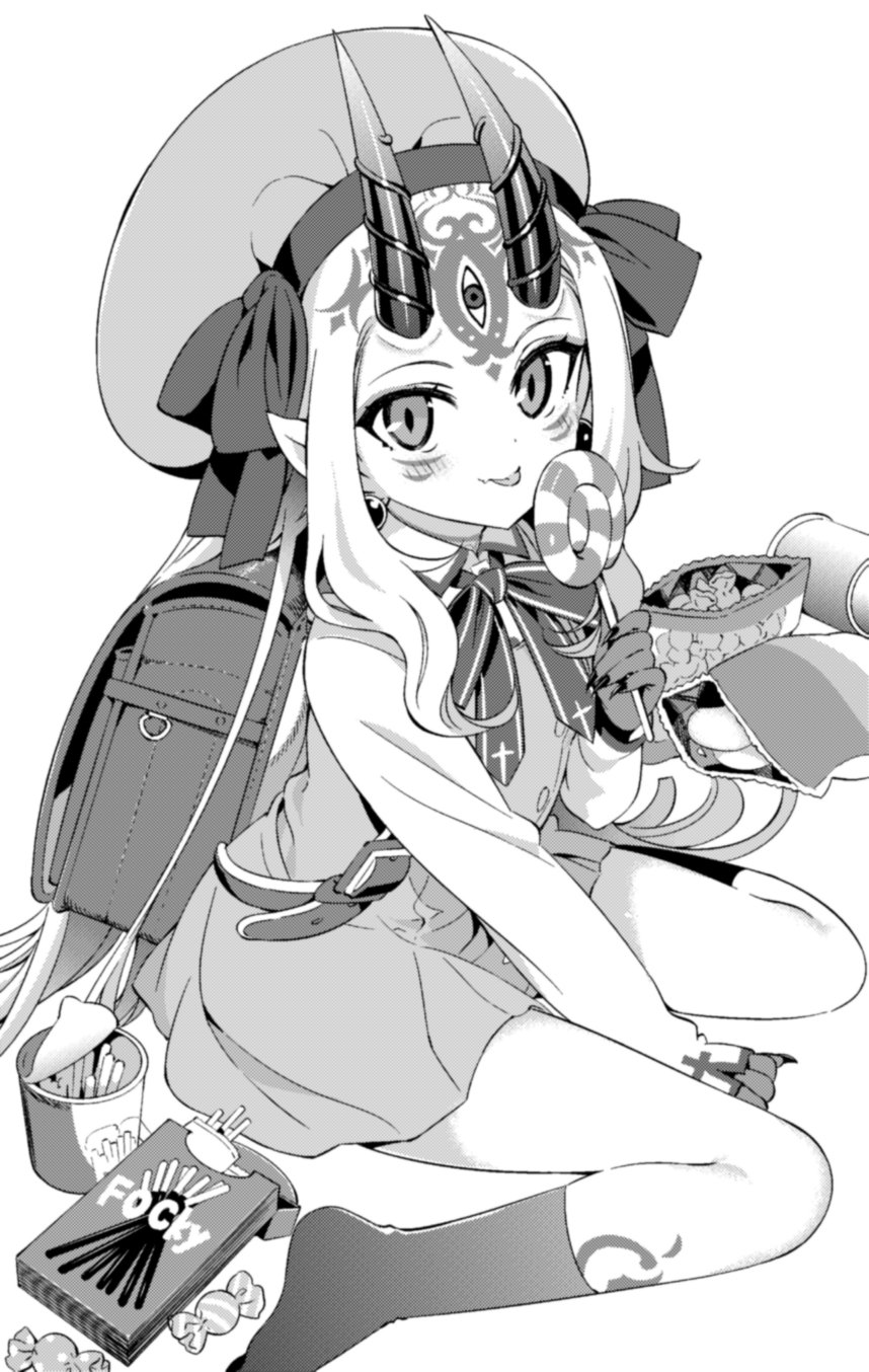 1girl alternate_costume backpack bag bag_of_chips blush body_markings bow bowtie brand_name_imitation candy candy_wrapper facial_mark fate/grand_order fate_(series) food grey_hair hanabana_tsubomi hat hat_ribbon highres holding holding_candy holding_food holding_lollipop homurabara_academy_school_uniform horns ibaraki_douji_(fate) lollipop long_hair long_sleeves looking_at_viewer oni pocky pointy_ears randoseru ribbon school_uniform simple_background sitting smile socks solo very_long_hair wariza