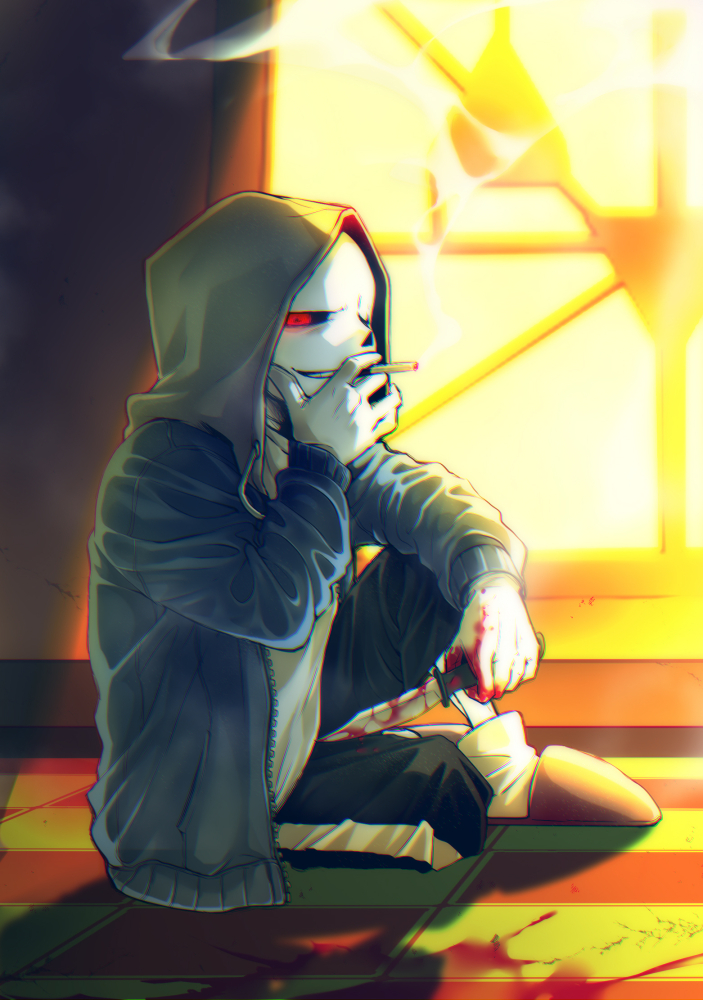 1boy ahin_vpv black_sclera blood blue_jacket cigarette colored_sclera grin hallway holding holding_cigarette holding_knife hood hoodie jacket knife male_focus red_eyes sans_(undertale) sitting skeleton smile smoking solo teeth undertale