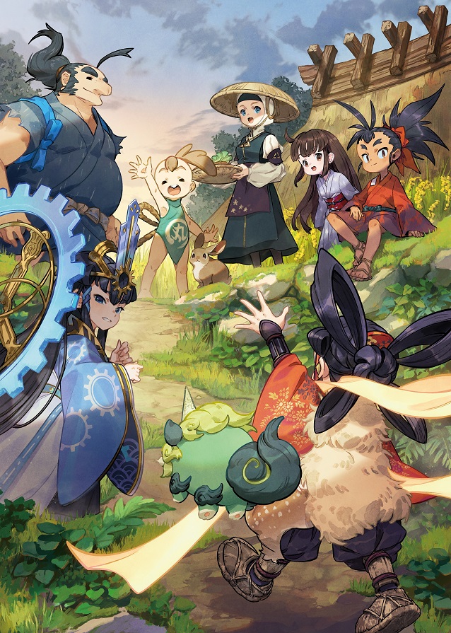 3boys 4girls black_hair creature gears headpiece japanese_clothes kaimaru kimono kinta_(tensui_no_sakuna-hime) kokorowa-hime komainu long_hair mizura multiple_boys multiple_girls murayama_ryota myrthe official_art outdoors red_kimono sakuna-hime sandals sky smile tama-jii tauemon tensui_no_sakuna-hime waving yui_(tensui_no_sakuna-hime)