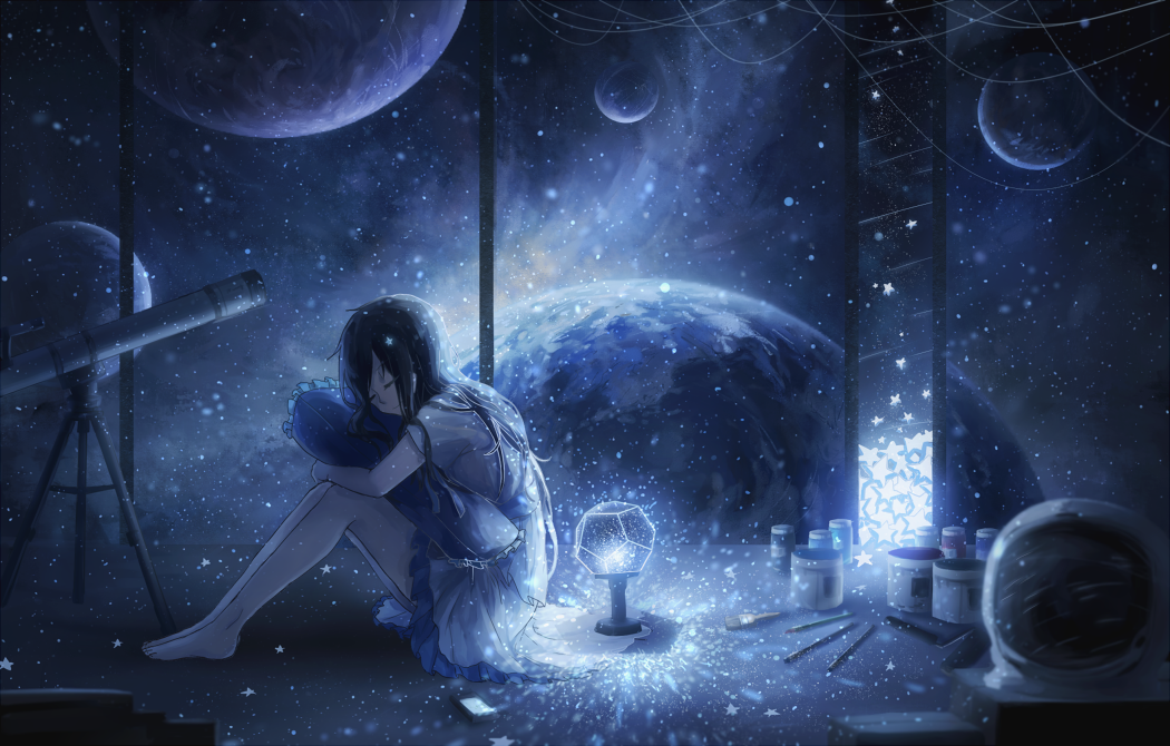 1girl bare_legs barefoot black_hair blue_theme cellphone closed_eyes dark domik dress female_focus frilled_dress frills gradient_background helmet hugging_object light long_hair monochrome original paint_can paintbrush phone pillow pillow_hug planet planetarium scenery short_dress sitting smartphone smile solo space_helmet star_(sky) star_(symbol) telescope unworn_headwear unworn_helmet