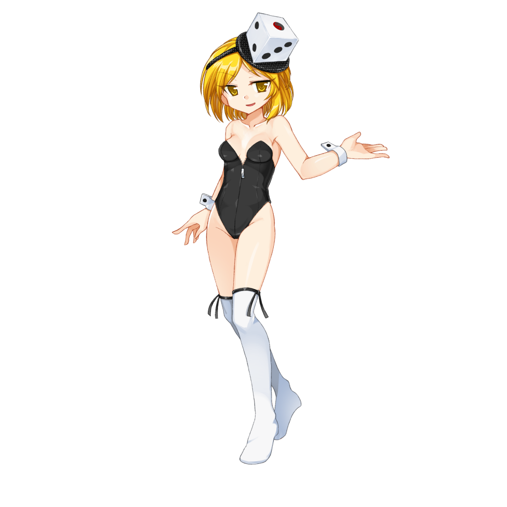 1girl alternate_costume anmita_(rarutos) black_hairband black_leotard blonde_hair breasts commentary_request dice_hair_ornament full_body genderswap genderswap_(otf) hair_ornament hairband len&#039;en leotard no_shoes open_mouth small_breasts smile socks solo strapless strapless_leotard tachi-e white_socks white_wrist_cuffs wrist_cuffs xeno_a yellow_eyes