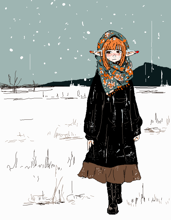 1girl arms_at_sides black_boots black_coat boots brown_skirt clenched_hand coat cold commentary elf english_commentary flat_color floral_print floral_print_headwear freckles full_body green_headscarf headscarf jaggy_lines long_coat looking_to_the_side medium_hair mountainous_horizon orange_hair original outdoors overcast pointy_ears sad skirt sky snow snowing solo straight-on stuffbecauseidk walking winter