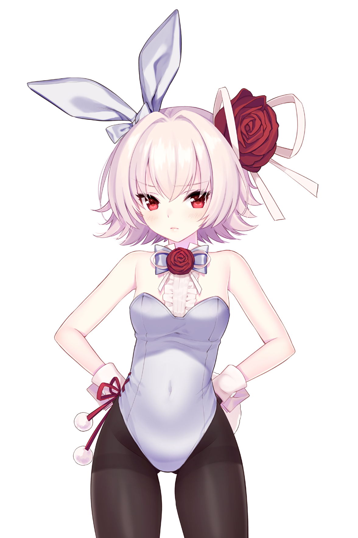 1girl animal_ears bare_shoulders breasts embarrassed eve_(soccer_spirits) fake_animal_ears flower gluteal_fold hair_flower hair_ornament hands_on_own_hips highres leotard looking_at_viewer official_art pantyhose pink_hair playboy_bunny rabbit_ears red_eyes red_flower red_rose resized ribbon rose shirahane_nao short_hair side-tie_leotard small_breasts soccer_spirits solo transparent_background upscaled white_leotard white_ribbon