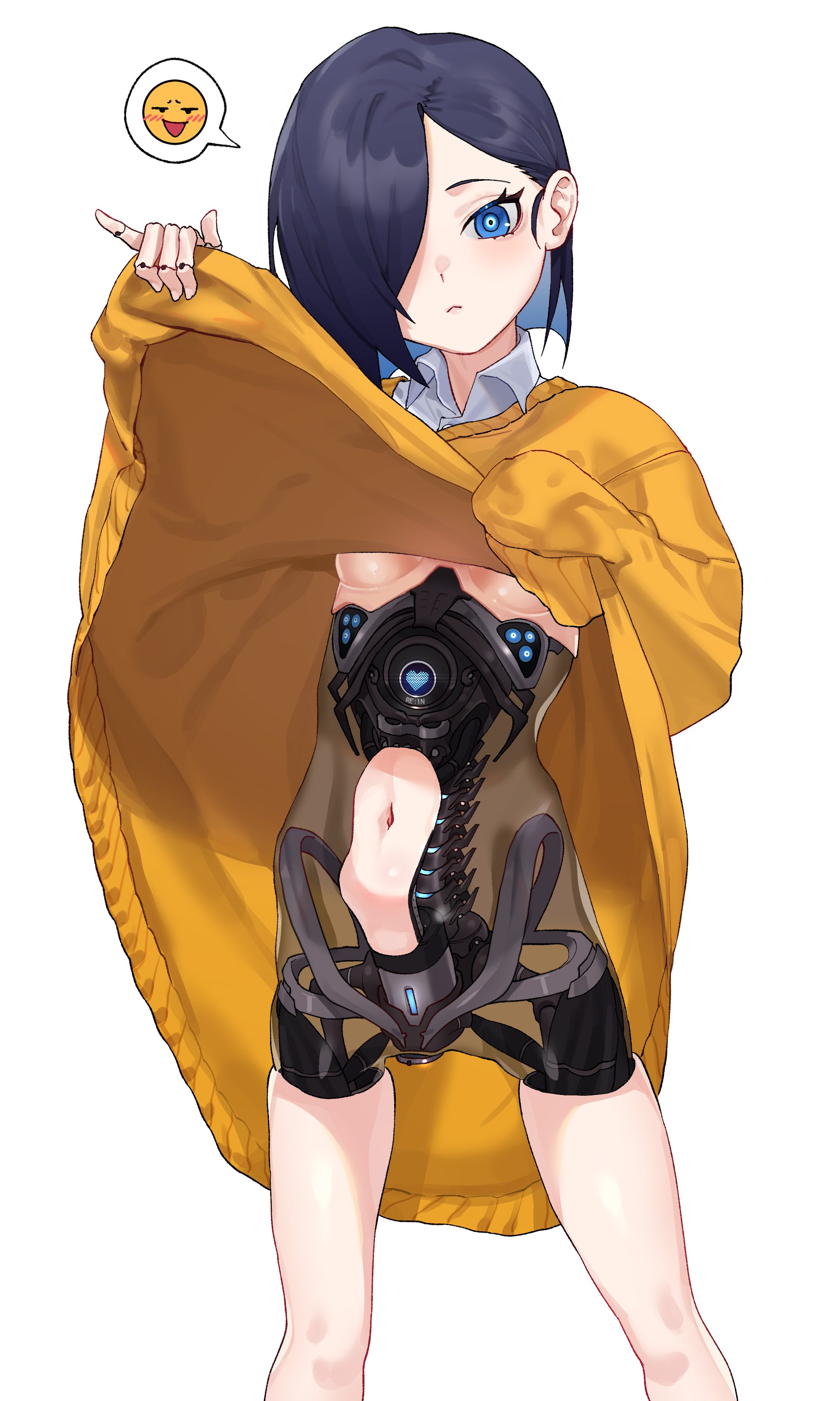 1girl absurdres black_hair blue_eyes clothes_lift emoji eyelashes hair_over_one_eye highres joints long_sleeves mechanical_pussy navel original oversized_clothes robot robot_girl robot_joints see-through_body see-through_clothes shimiya_jin shirt_lift short_hair simple_background sleeves_past_wrists sweater tongue tongue_out white_background