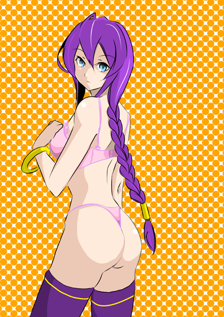 00s 1girl ass back blue_eyes bra bracelet breasts female_focus from_behind higurashi_(kenju) jewelry large_breasts long_hair looking_at_viewer looking_back melty_blood panties pink_bra pink_panties polka_dot polka_dot_background purple_hair sideboob sion_eltnam_(type-moon) sion_eltnam_atlasia solo thighhighs thong tsukihime underwear underwear_only