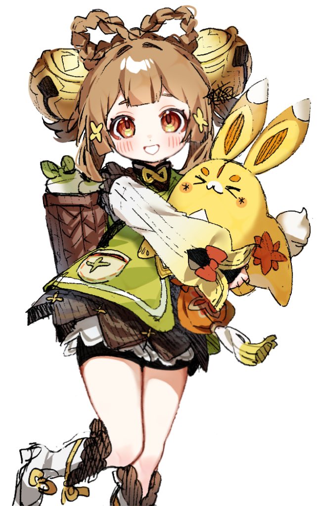 1girl artist_name backpack_basket bag basket bell black_dress bloomers blush boots bow bow-shaped_hair braid brown_eyes brown_hair commentary_request double-parted_bangs dress fur-trimmed_boots fur_trim genshin_impact gradient_sleeves green_jacket grin hair_bell hair_ornament holding holding_stuffed_toy jacket jingle_bell leg_up long_sleeves looking_at_viewer meda_cha medium_hair orange_bow pocket puffy_long_sleeves puffy_sleeves radish sidelocks signature simple_background smile solo stuffed_animal stuffed_rabbit stuffed_toy tassel underwear white_background white_bloomers white_boots yaoyao_(genshin_impact) yuegui_(genshin_impact)