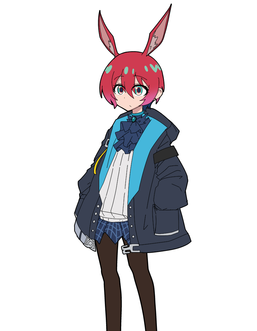 1girl amate_yuzuriha amiya_(arknights) amiya_(arknights)_(cosplay) animal_ears aqua_eyes arknights closed_mouth cosplay frills gundam gundam_gquuuuuux hand_in_pocket horse_ears long_sleeves looking_at_viewer nabeiro_kin red_hair shirt short_hair simple_background skirt solo thighhighs white_background