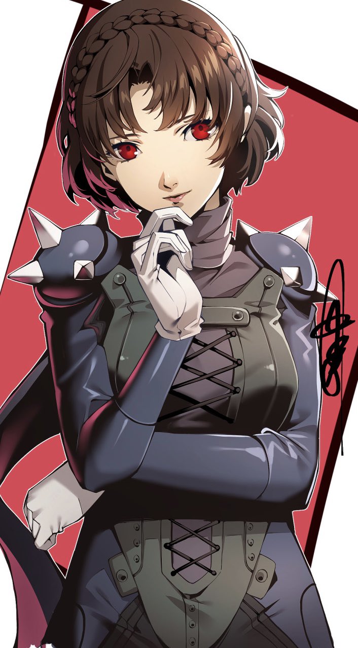 1girl biker_clothes bikesuit bodysuit braid breasts brown_hair closed_mouth crown_braid gloves highres lips looking_at_viewer nakano_maru niijima_makoto persona persona_5 queen_(persona_5) red_eyes short_hair shoulder_spikes smile solo spikes