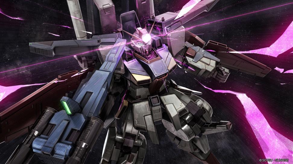 aeug battle beam_cannon copyright_logo energy energy_beam firing glowing gundam gundam_battle_operation_2 gundam_zz machinery mecha mecha_focus mobile_suit nebula official_art painting_(medium) realistic robot scan science_fiction shield space star_(sky) sunrise_(company) tenjin_hidetaka traditional_media v-fin zz_gundam